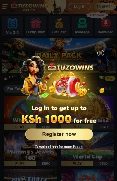 Tuzowins pop-up offering up to KSh 1000 for free with a Register now button